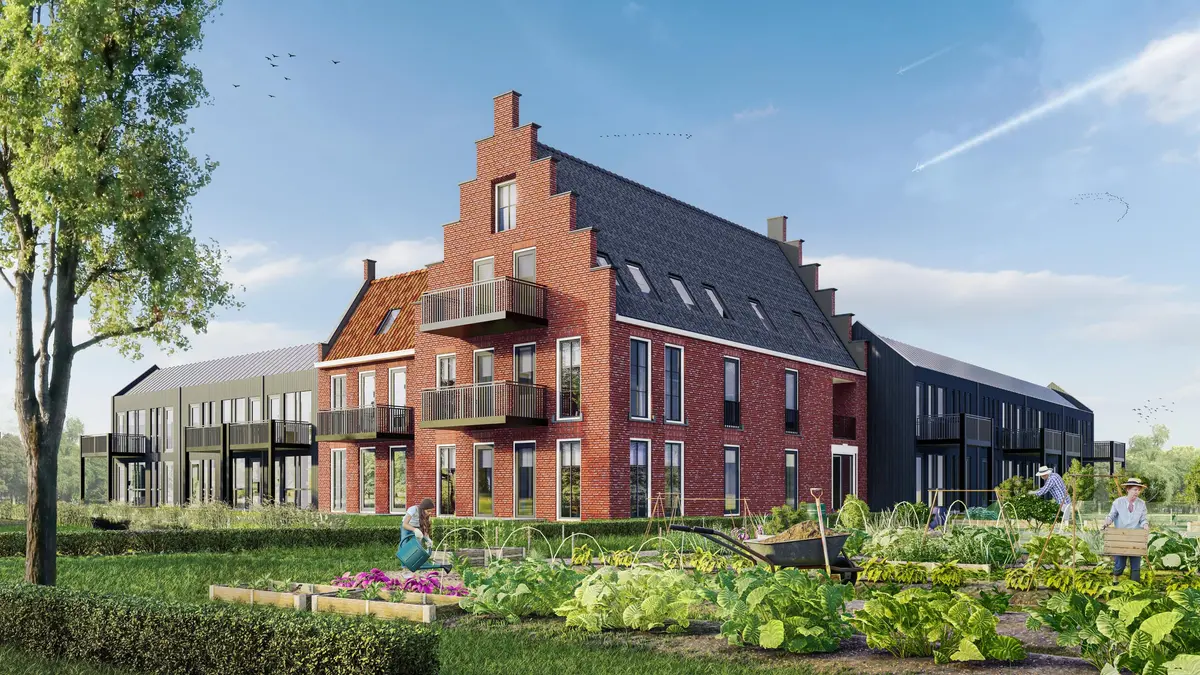 illustratie van nieuwbouwproject met statige gevels, groentetuin en een blauwe lucht